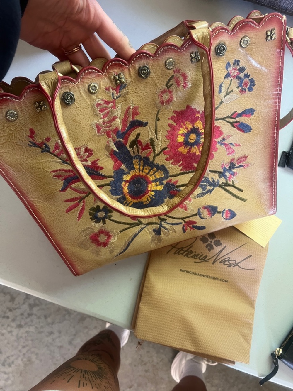 Patricia Nash Gold Floral Scallop-Top Embroidered Tote with Red Trim
